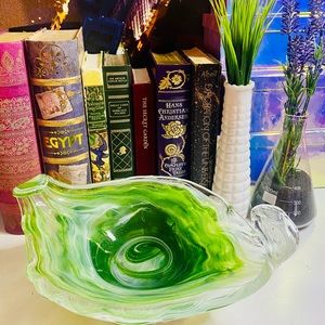 Green & White Swirl Handblown Glass Glitter Dish